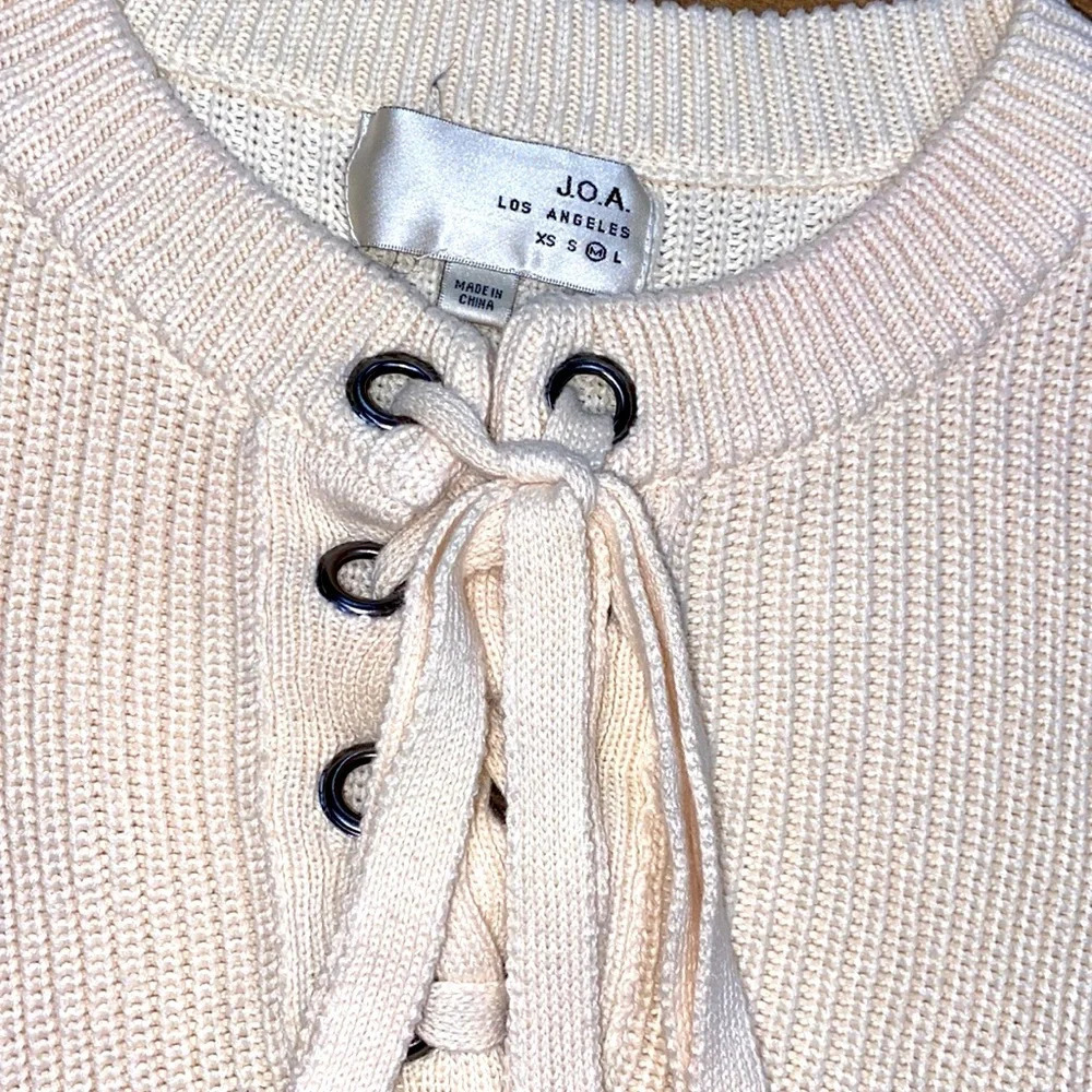J.O.A ivory cable knit lace up sweater size medium - Picture 2 of 5
